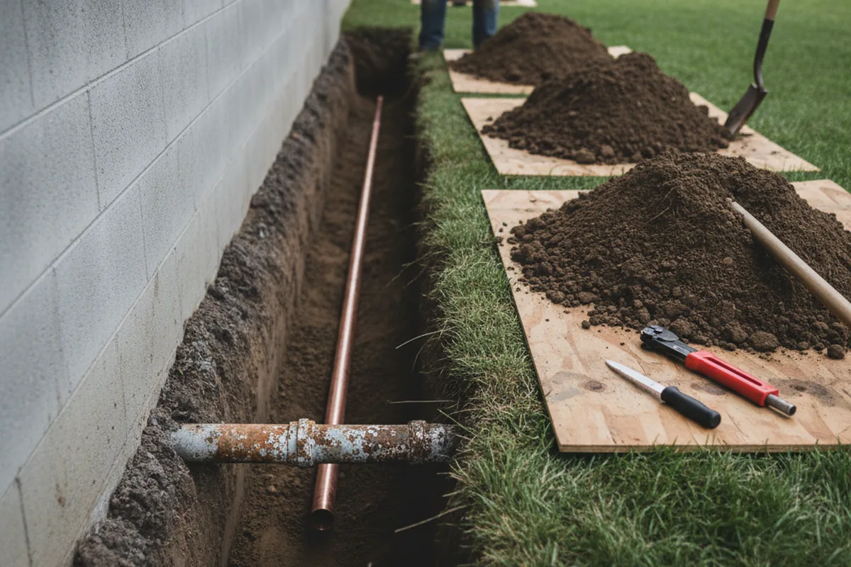Excavated water line trench during Water Heater Repair in Rainier